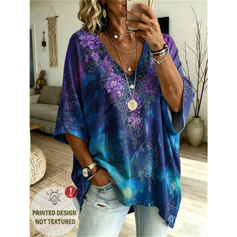 T-shirt da Donna Taglie Forti con Scollo a V e Maniche a Pipistrello Stampa Etnica Bohemien Top Largo Estivo Comodo Traspirante per il Pendolarismo Quotidiano Casual