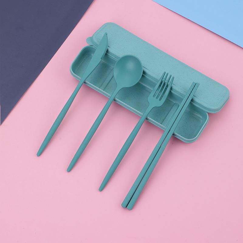 4Pcs Wheat Straw Dinnerware Set Portable Tableware Knife Fork Spoon Eco-Friendly Travel Cutlery Set Utensil Box Chopsticks Set