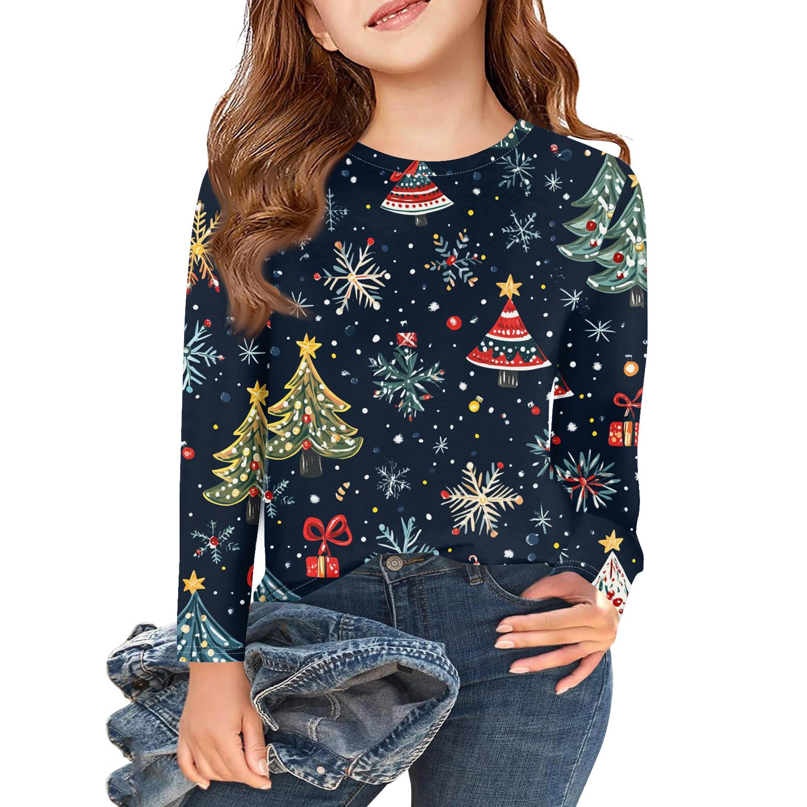 

Рождественские футболки с длинным рукавом для девочек, детские осенние топы с круглым вырезом и принтом, базовые футболки 110