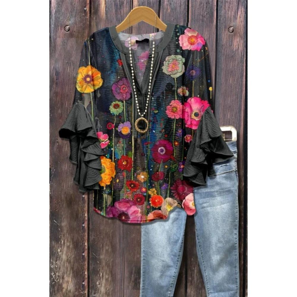 Large Women's Bohemian V-neck Shirt with Ruffle Sleeves, Grey Brown Floral Print Top, Casual Breathable Machine Washable Pullover