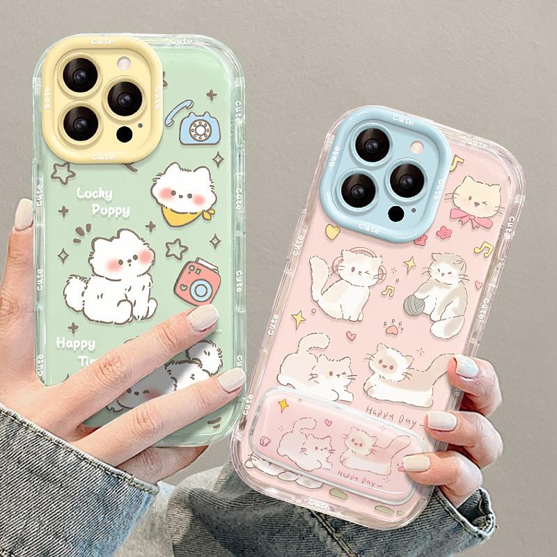 Cute cat and dog suitable for Apple 16e mobile phone case 13promax mirror bracket 15 cute anti-drop 14 all-inclusive 12