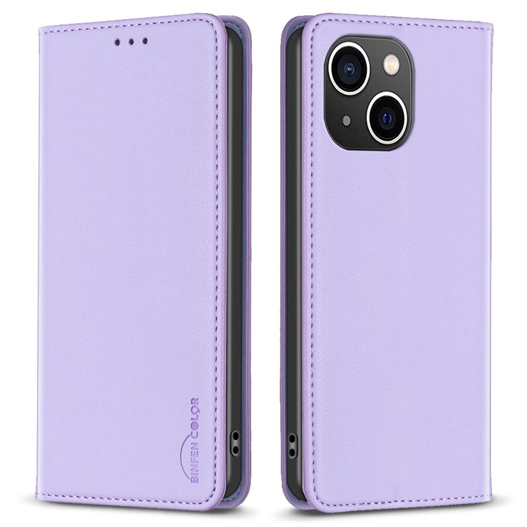 

BINFEN COLOR BF18 For iPhone 15 PU Leather Card Holder Cover Flip Stand Phone Case Purple