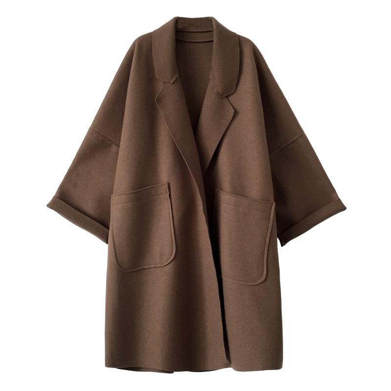 Elegant Black Faux Wool Outer Wear for Women Autumn Winter Korean Style Mid Length Loose Woolen Coat