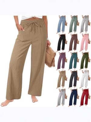 Women's 2026 Summer Cotton Linen Drawstring Elastic Waist Loose Trousers with Side Pockets
