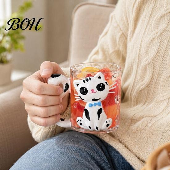 Milk Drinking Glass Cute Cat Mug, Clear Coffee Cup with Handle, Funny Hot Water Safe Glassware for Tea, Milk, Coffee, Gifts Women, Lovers Animal