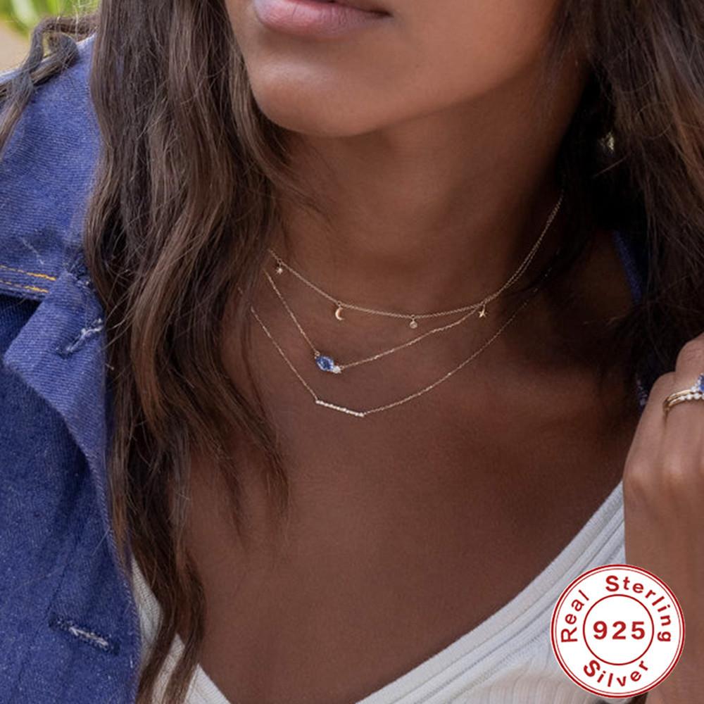 Modă Argint Sterling S925 Geometric High-End Atmosferic Piatră Prețioasă Albastră în Formă de Pară Cu Colier Claviculă pentru Doamne