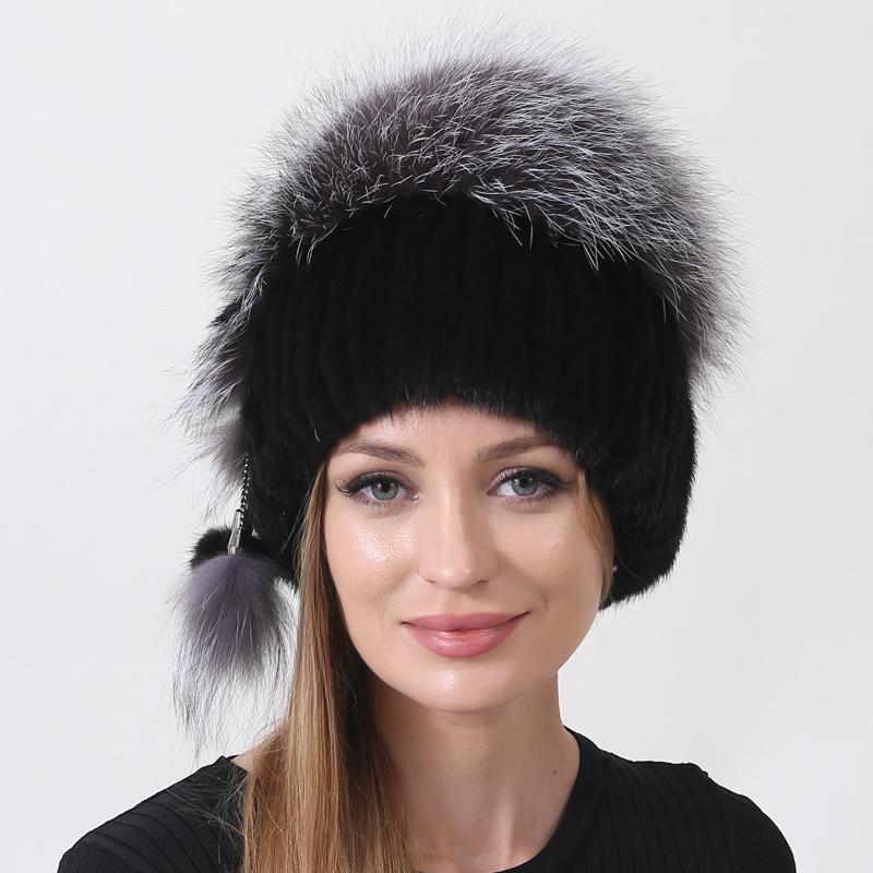 Natural Knitted Mink Fur Hat Stylish Women Winter Warm Fluffy Fox Fur Cap Fashion Beanies Thick Knitted Hats