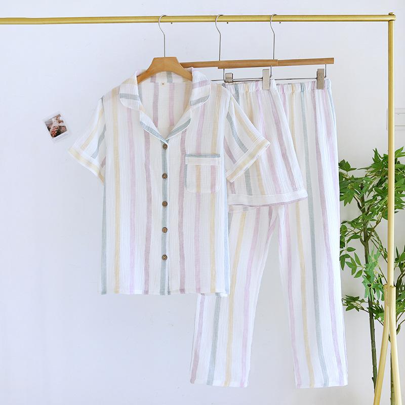 Neuer Damen Frühling Sommer Pyjama Set 100% Baumwolle Kurzarm+Shorts+Lange Hose Dreiteilig Dünn Süße Heimtextilien