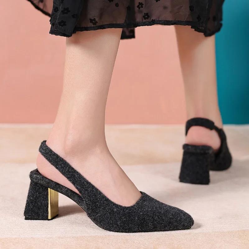 Fashion 2025 Fashion Women's High Heels Pointed Toe Shallow Chunky Heels Dress Pumps Slip on Brand Plus Size Concise Slingbacks Sandals