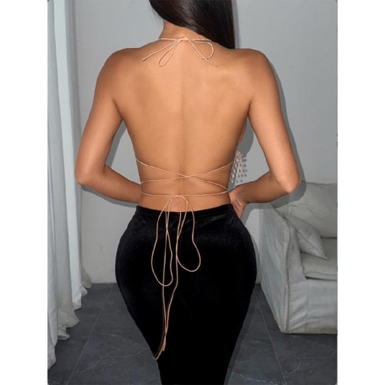 Women Shines Rhinestones Tank Top Halter Body Chain Fishnet Mesh Bra Crop Top Shirt for Night Club Party Raves Outfits