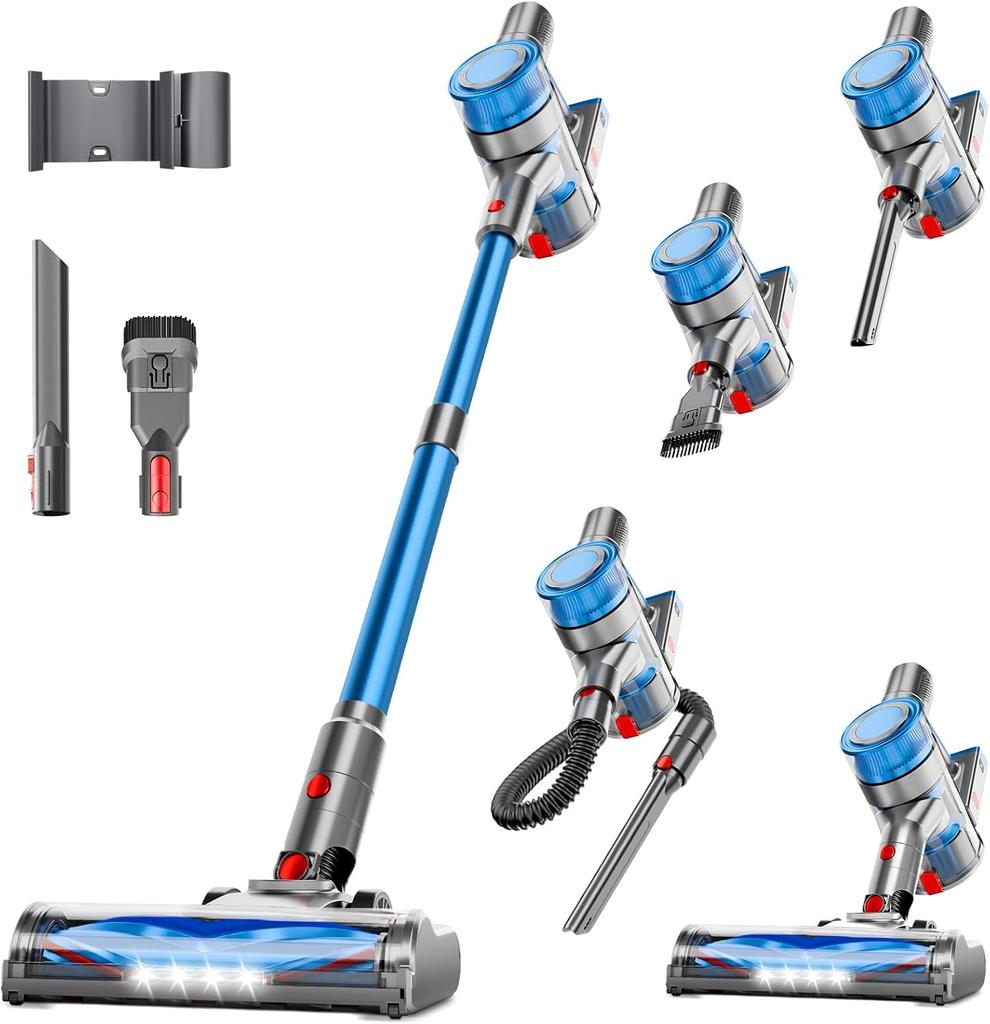 Powerful Cordless Stick Vacuum Cleaner, 6-in-1 Lightweight Handheld with Rechargeable Battery, 45 Min Runtime for Hard Floors &
