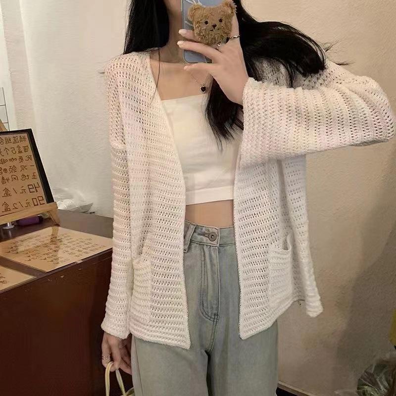 Summer women's thin hollow pocket knitted cardigan outer wear design sense niche hot girl sunscreen shawl top coat
