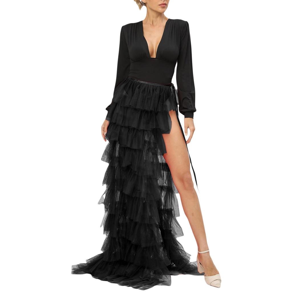 Women Tulle Tutu Long Skirt Multi-layer Ruffled Elastic Slit Mesh Cocktail Party Skirt for Beach Streetwear