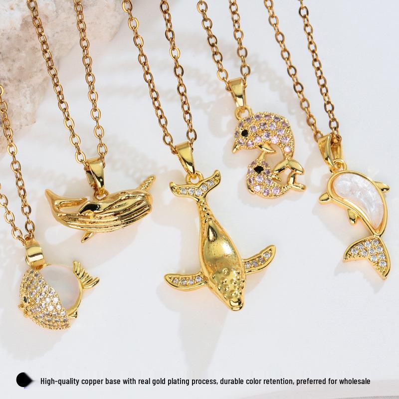 Ocean Style Zirconia Whale & Dolphin Pendant Necklace for Women - Trendy Clavicle Chain