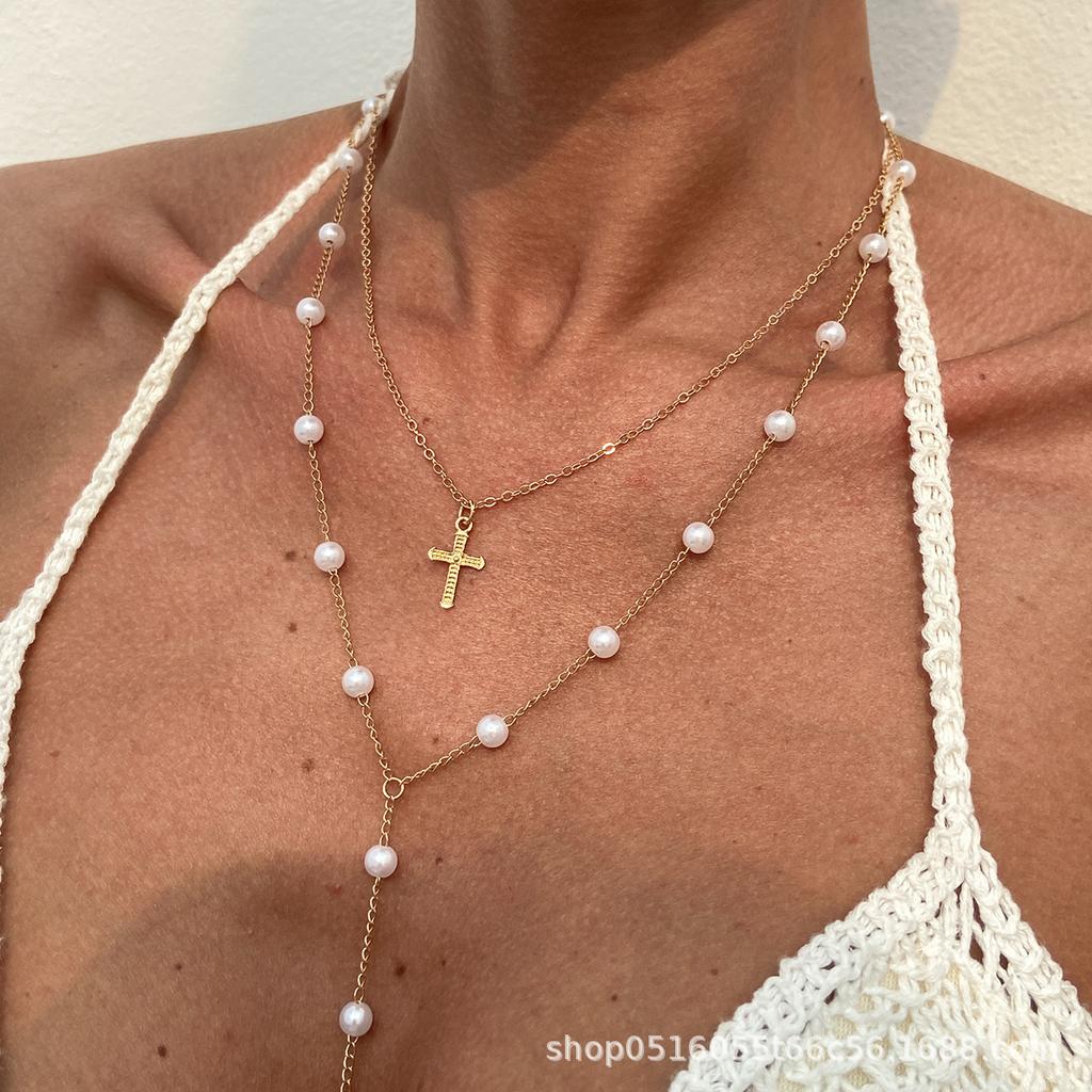 European and American temperament imitation pearl chain long fringed necklace simple ins style cross pendant collarbone chain