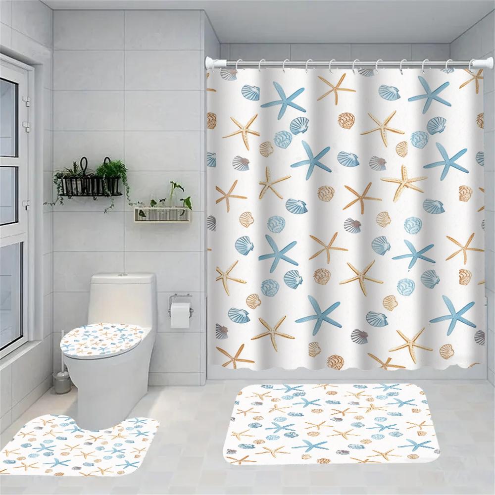 1/4 Marine Organisms Print Shower Curtains, Toilet Seat Decoration, Shower Curtain with Carpet and Toilet Lid, 70.8x70.8 Inch
