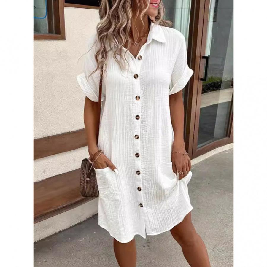 Casual Solid One-Button Mid-Length Loose Short Sleeve Dress for Women