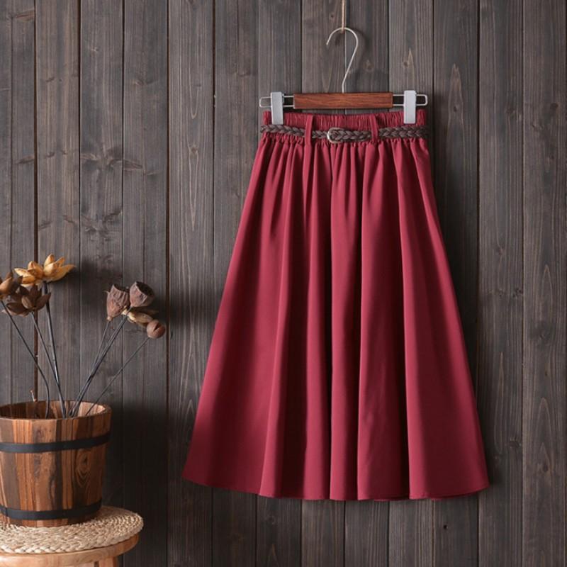 Women Summer Midi Knee Length Skirt Korean Ladies High Waist Pleated A-line School Skirt Female