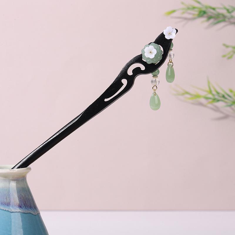 Dřevěná vlásenka se střapci ve starověkém stylu pro Hanfu – imitace ebenového dřeva, stupňovitý design, doplněk dámského kostýmu