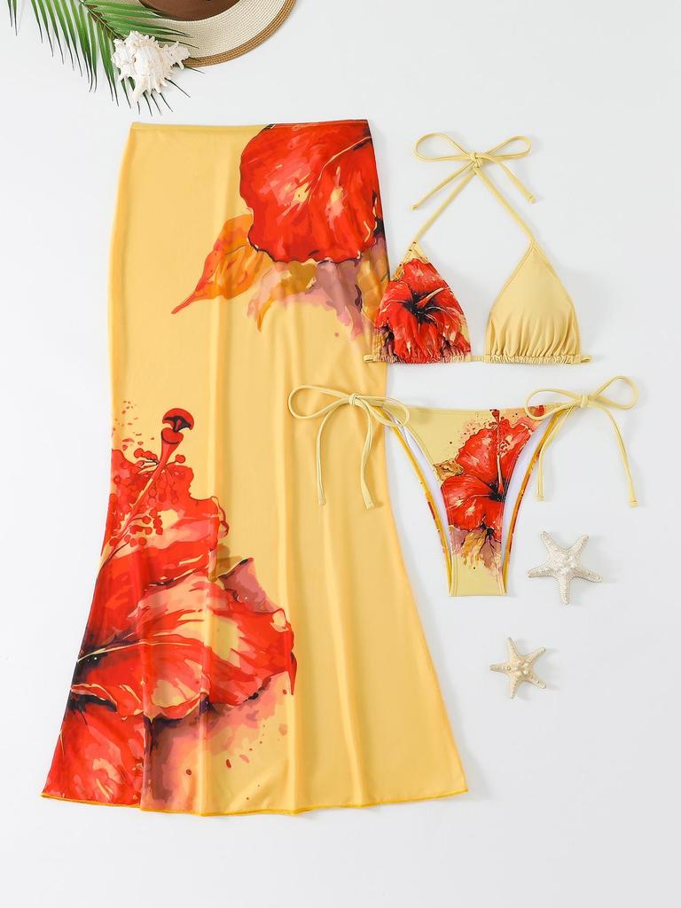 2026 European & American Women's Printed Long Skirt Split Bikini Three-Piece Swimsuit