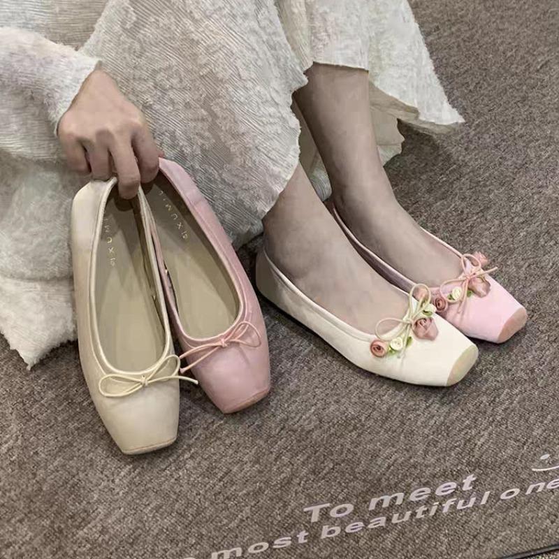 Women Flats Bow Marie Janes Shoes Elegant Wedding Shoes Lolita Dress Square Toe Shoes Designer Walking Shoes Female Zapatos