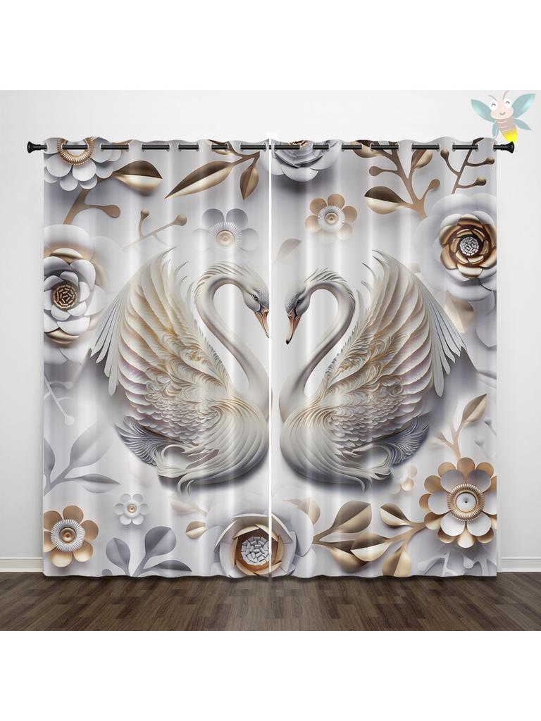 2pcs White Swan Print Blackout Curtains Thermal Insulation Multiple Sizesr Living Room Bedroom Decoration Machine Washable