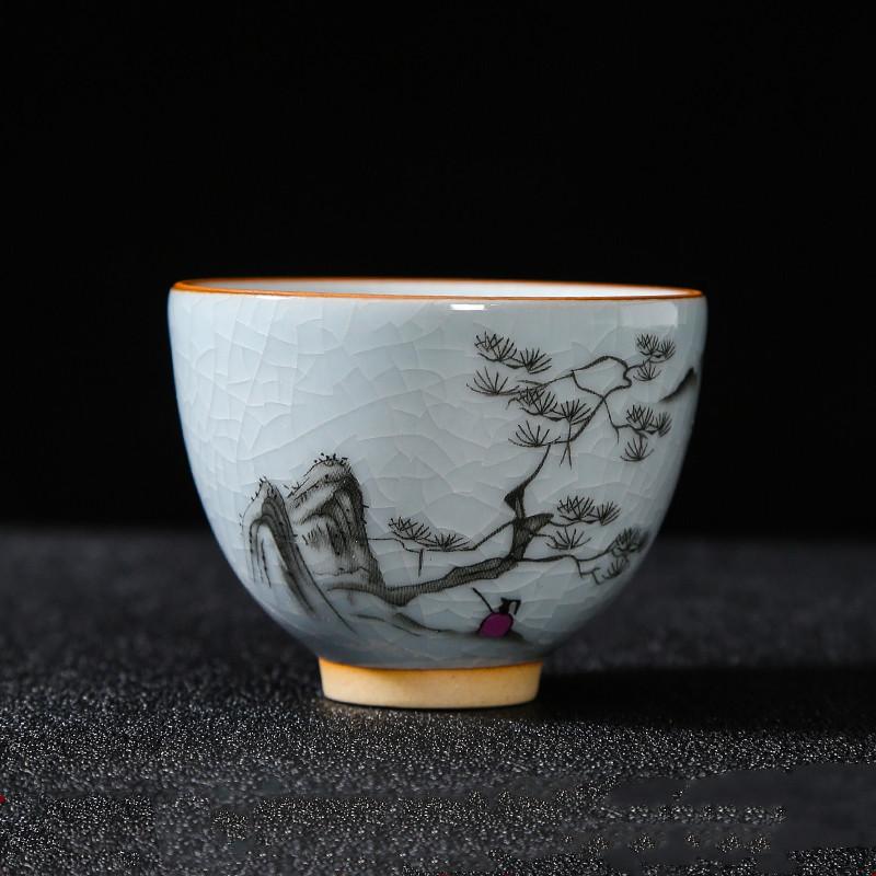 Boutique Ru Kiln Ceramic Teacup Hand Painted Flowers Meditation Cup Travel Tea Bowl Tie Guanyin Pu'er Master Cup Tea set Gifts