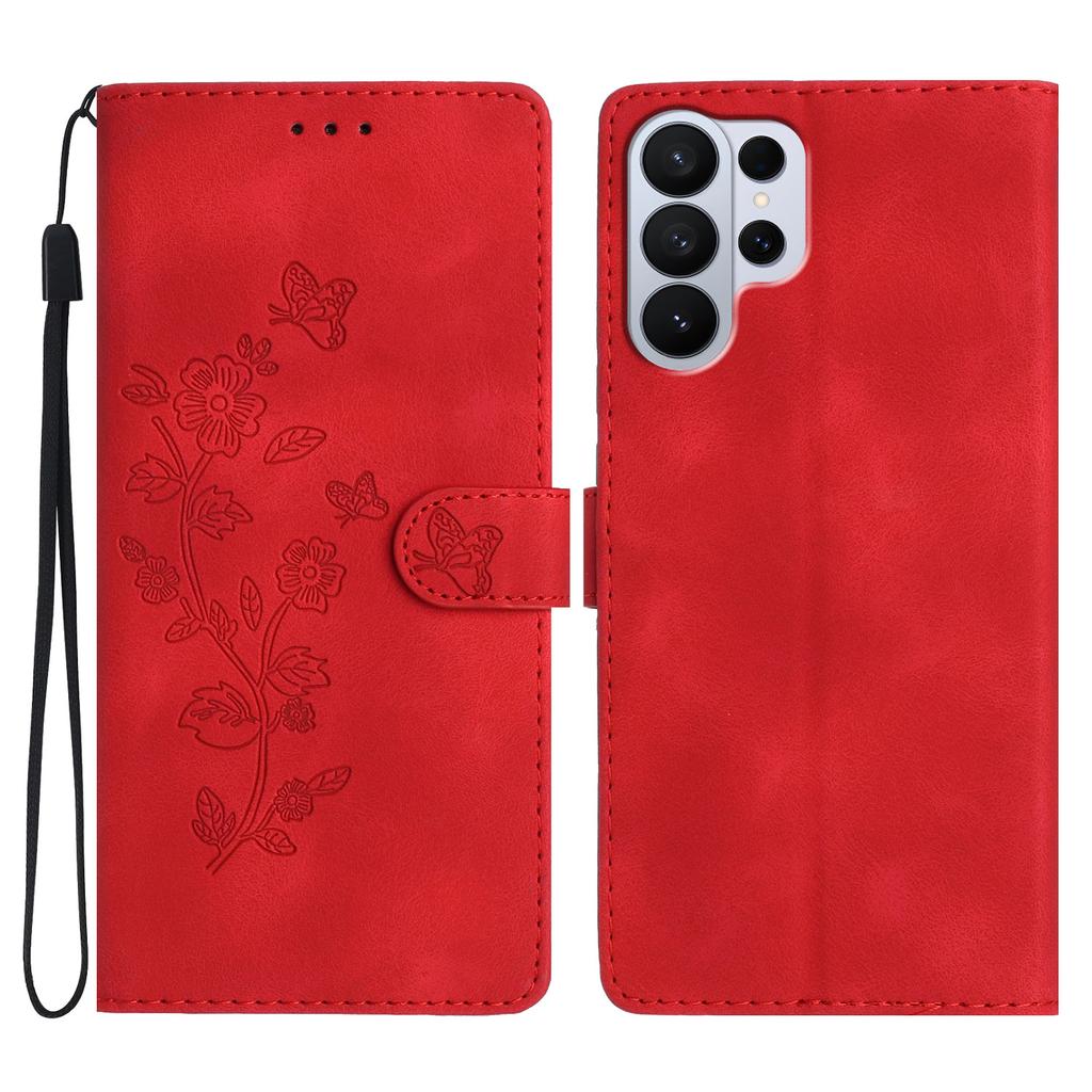 Leather Case For Samsung Galaxy S26 Ultra Imprinted Flower Phone Cover with Wrist Strap