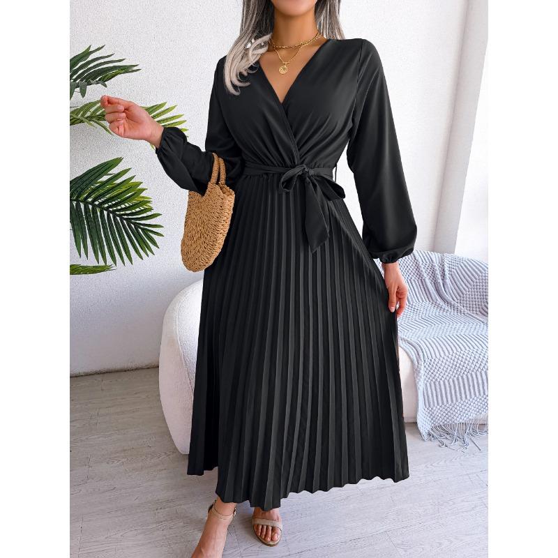 VEZFAA Women's Fashion Summer Spring Solid Color Print Long Sleeve V-Neck High Waist Casual Dresses