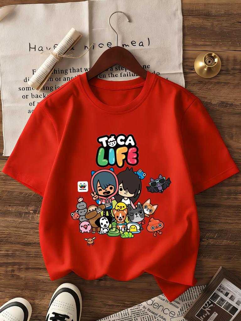 T-shirt Grafica Toca Life World per Bambine Bianca Rosa Manica Corta T-shirt Moda Top per Bambini Cotone Estate Casual Girocollo Maglietta