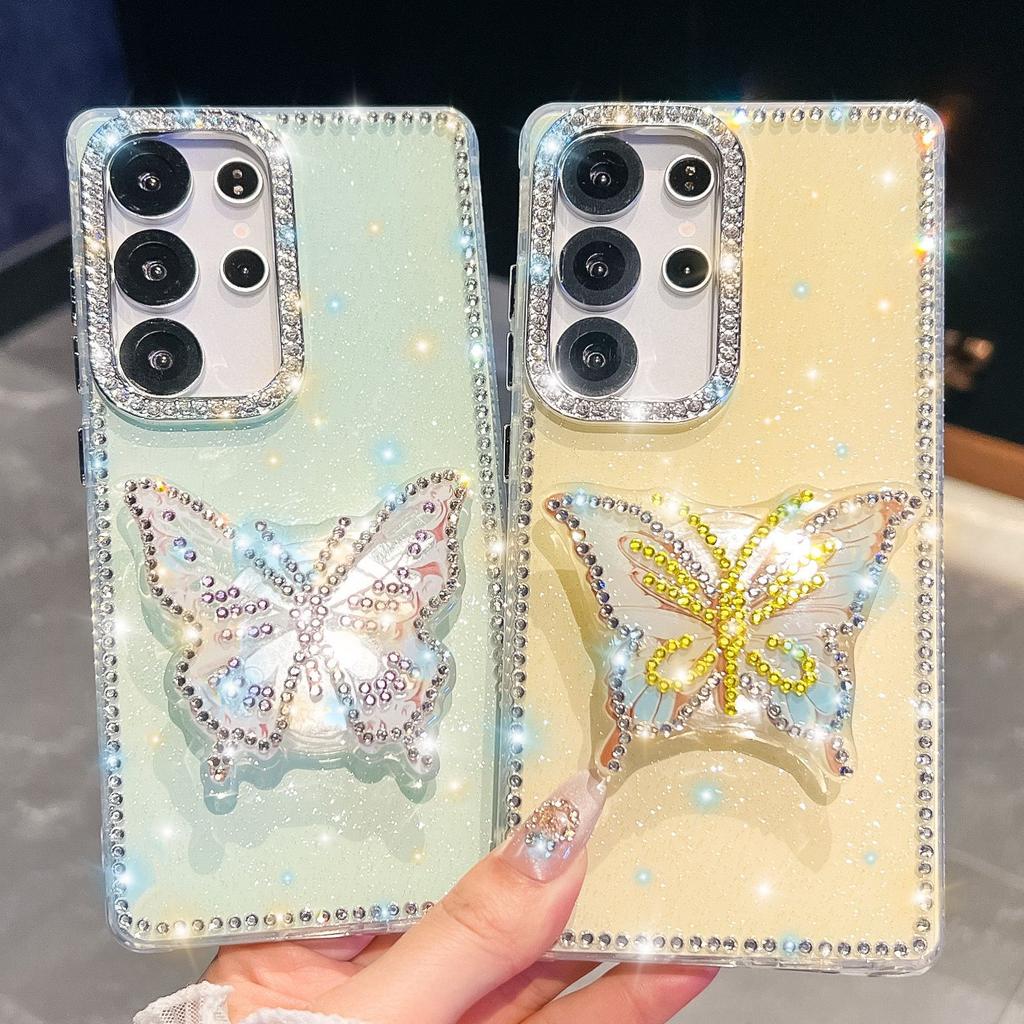 Butterfly Bracket Suitable for Samsung S25 Ultra Mobile Phone Case Flash Drill S24FE Flash Powder A56 Protective Case A17