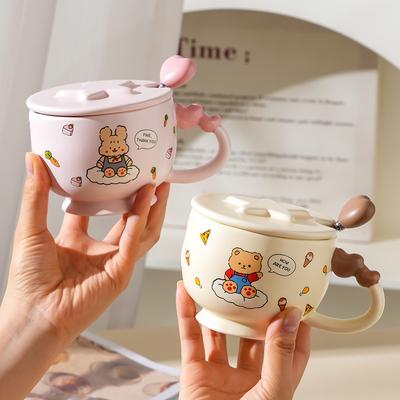 Cartoon Bär Keramiktasse, Hochwertige Haferflocken-Frühstückstasse, Paar-Tasse, Kleine hohe Tasse mit Deckel und Löffel.