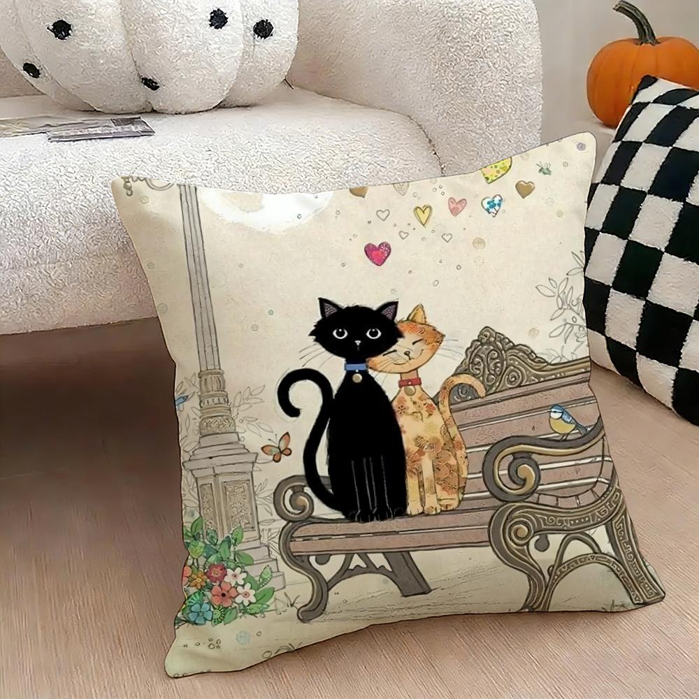 Cartoon little black cat cute Cushion Cover Natural Linen Double Sided Print Throw Pillow Case for Sofa Couch Home Decor