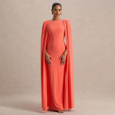 Damen Koralle Orange Rundhals Umhangärmel Maxikleid Übergröße Schlanke Passform Bodycon Elegant Formell Abend Ball Party Hochzeitsgast Robe