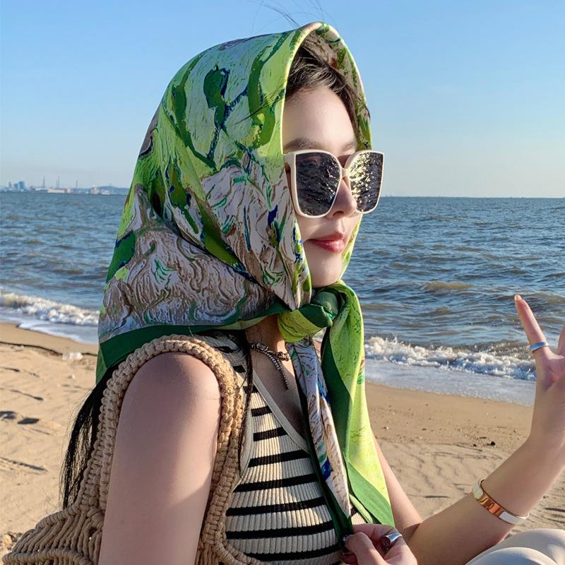 Nordic simple silk scarf long female French retro black and white striped large square scarf tied hair ins headscarf headband shawl