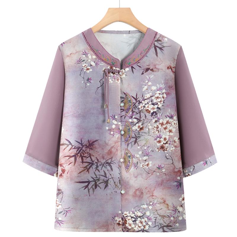 Elegant Summer Mid-Sleeve Cardigan for Elderly Women - New Chinese Style