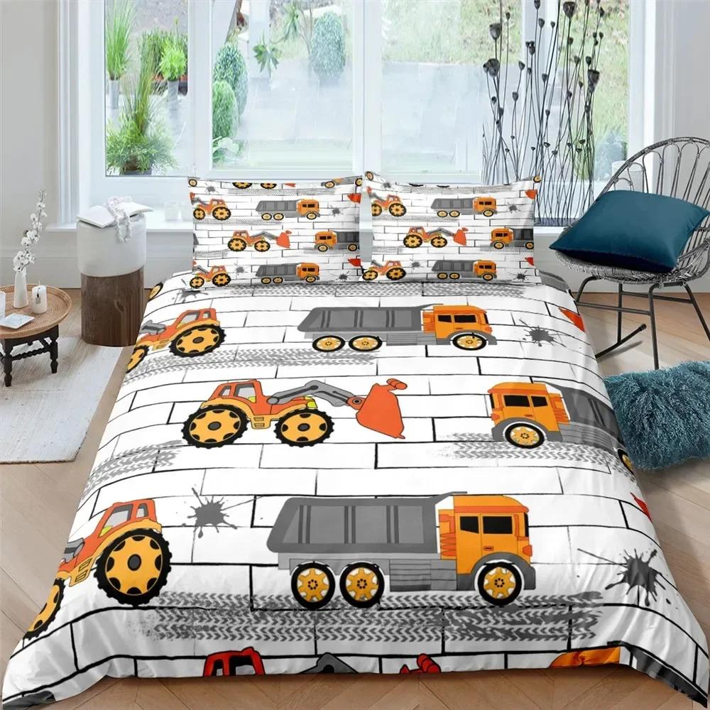 Excavator Tractor Cartoon Machinery Bulldozer Trucks Comfortable Duvet Quilt Cover Pillowcase Bedding Set Children Home Textile