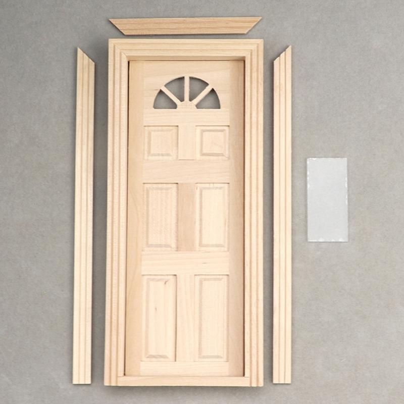Rural Farmhouse Styles Unpainted Wood Door with Semicircular Sun Window for 1/12 Scale Doll House Scene Arrangement