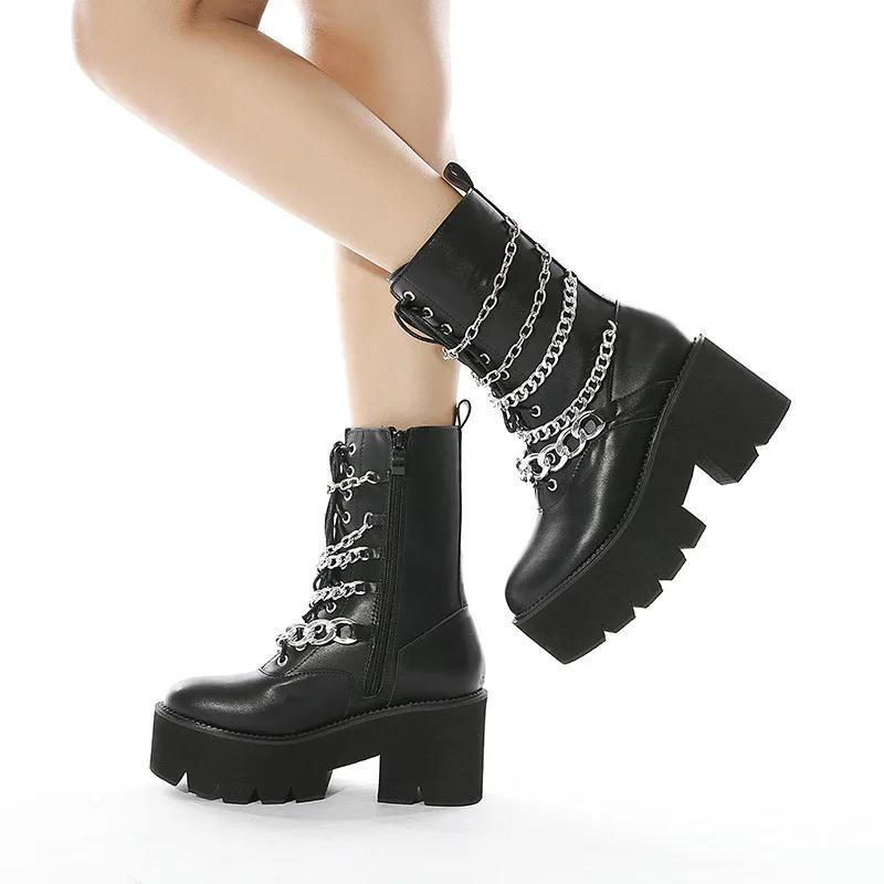 Fashion Goth Rivet Emo Shoes Platform Heeled Boots Women Big Size Chain Metal Decoration Chunky Heels Combat Boots Mid Calf