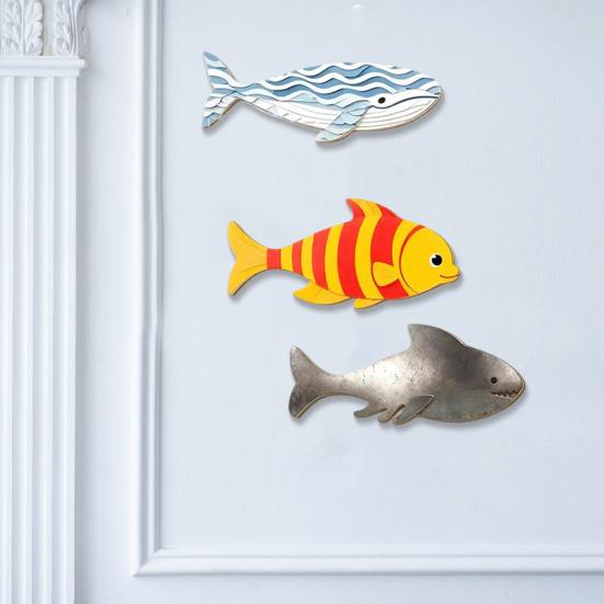 3Pcs/Set Wooden Fish Nautical Wall Decor, Whale Shark Striped Fish Wall Art for Lake House, Coastal Ocean Theme Hanging Ornament