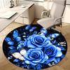 Luxurious Crystal Velvet Round Area Rug with Vibrant Blue Roses & Butterflies Design – Non-Slip, Soft Polyester Mat for Bedroom,