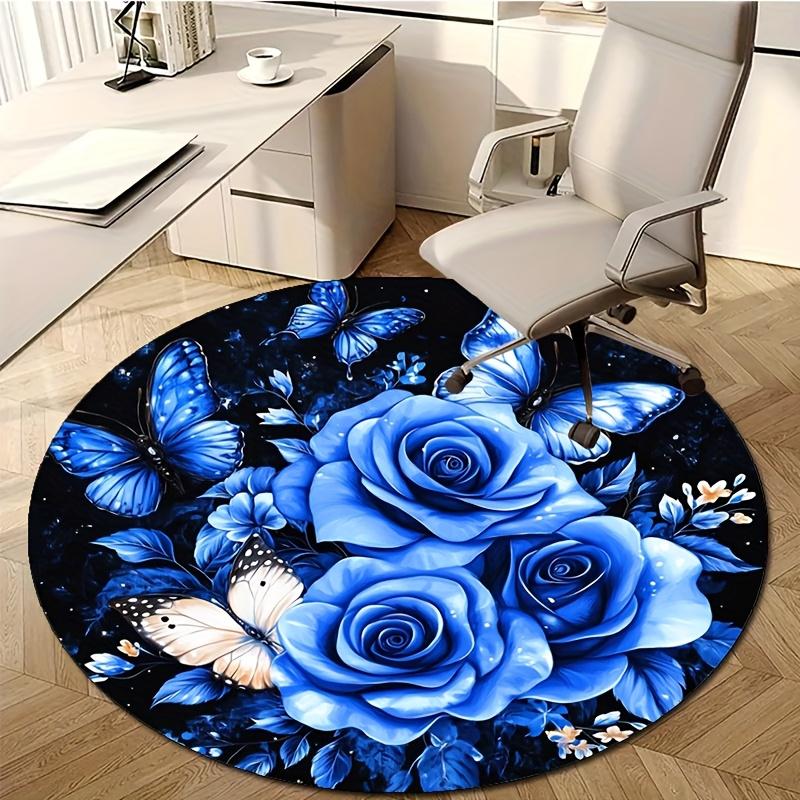 Luxurious Crystal Velvet Round Area Rug with Vibrant Blue Roses & Butterflies Design – Non-Slip, Soft Polyester Mat for Bedroom,