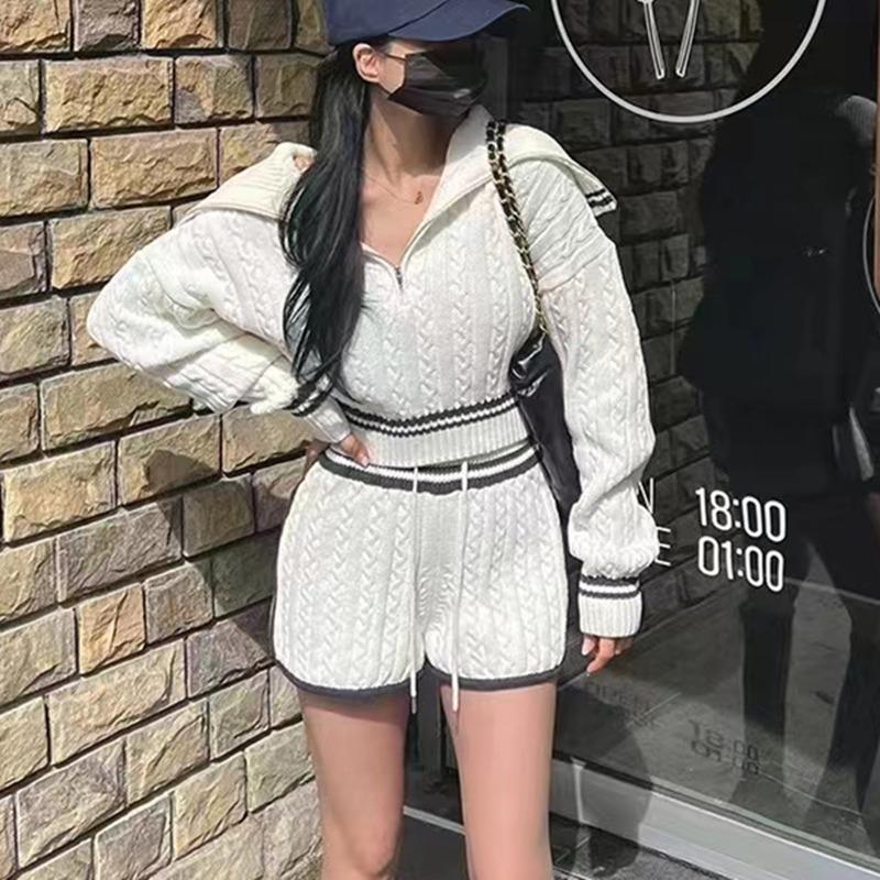 Fashion Knit Women Short Sweater Straight Leg Shorts Autumn Winter Elegant Turn-down Collar Casual Loose Two-piece Set High Waiste Long Sleeve Outfits