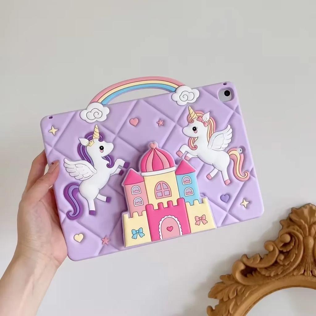 Kids Case for Ipad Pro Mini Air Redmi Pad and Samsung Galaxy Tab A7 Lite T220 A8 X200 A9 X110  A9+ X210 Castle Unicorn Cover with Telescopic Stand