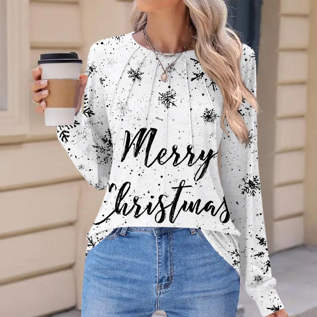 Women's Fashionable Casual Christmas Printed Pleated Comfortable Round Neck Loose Long Sleeve T-Shirt Top