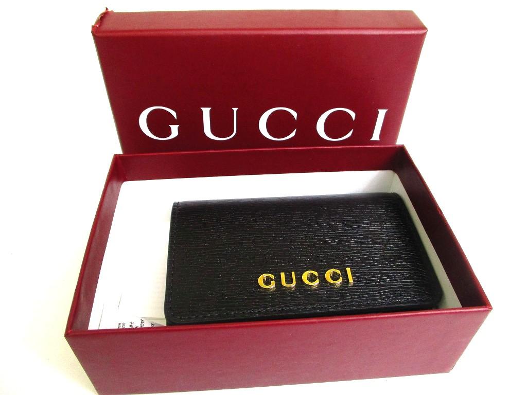 Authentic GUCCI Logo Script Black Leather Business Card Credit Card Holder #b166  Open box