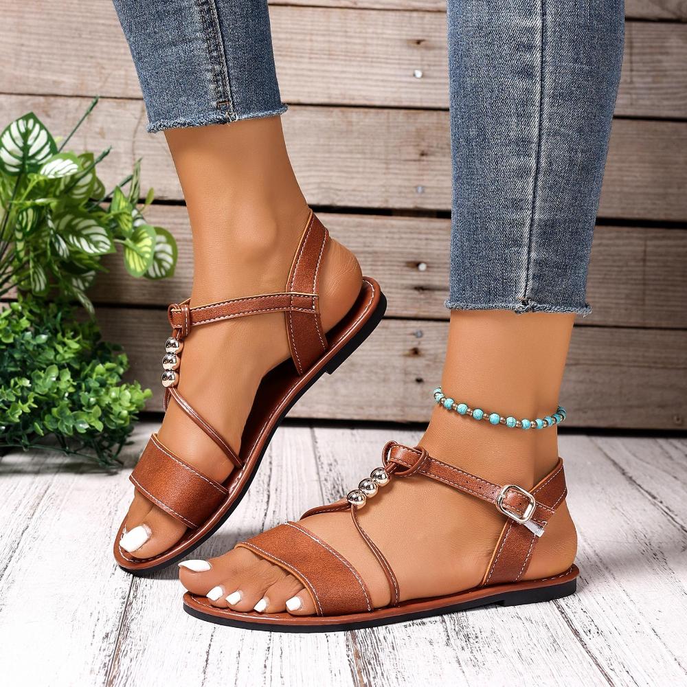 New Style Round Toe Flat Sandals Summer Fashion Solid Color Round Head Ankle Buckle Comfortable Casual Sandals for Women