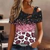 Women Leopard Print Stitching Print Stitching Print Cold Shoulder Short Sleeve T Shirt Irregular Cutout Neck Casual Summer Blouse Top