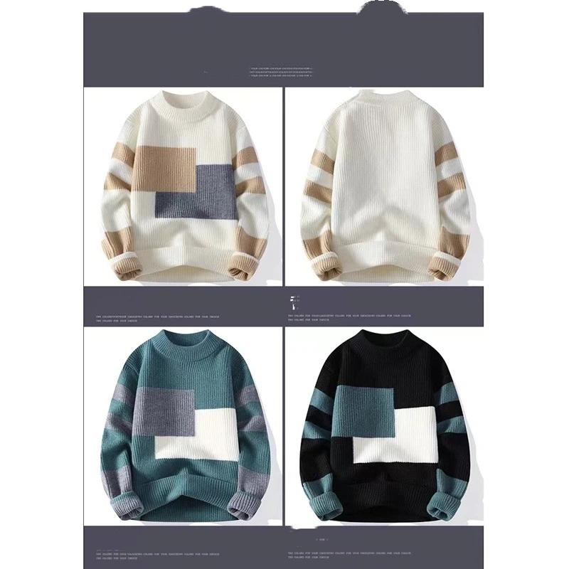 Classic Crew Neck Sweater Color Block Design Pullover For Men