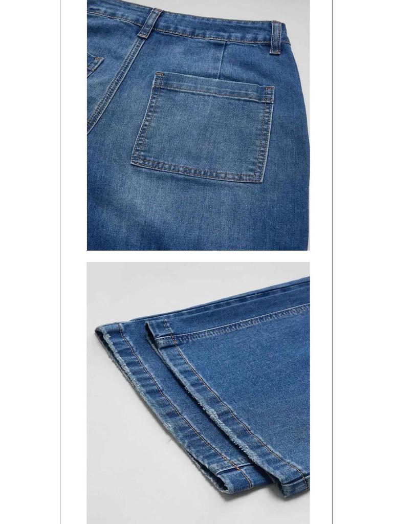 Mid-Waist Wide-Leg Plus Size Retro Washed Cropped Jeans with Frayed Hem and Slant Pockets